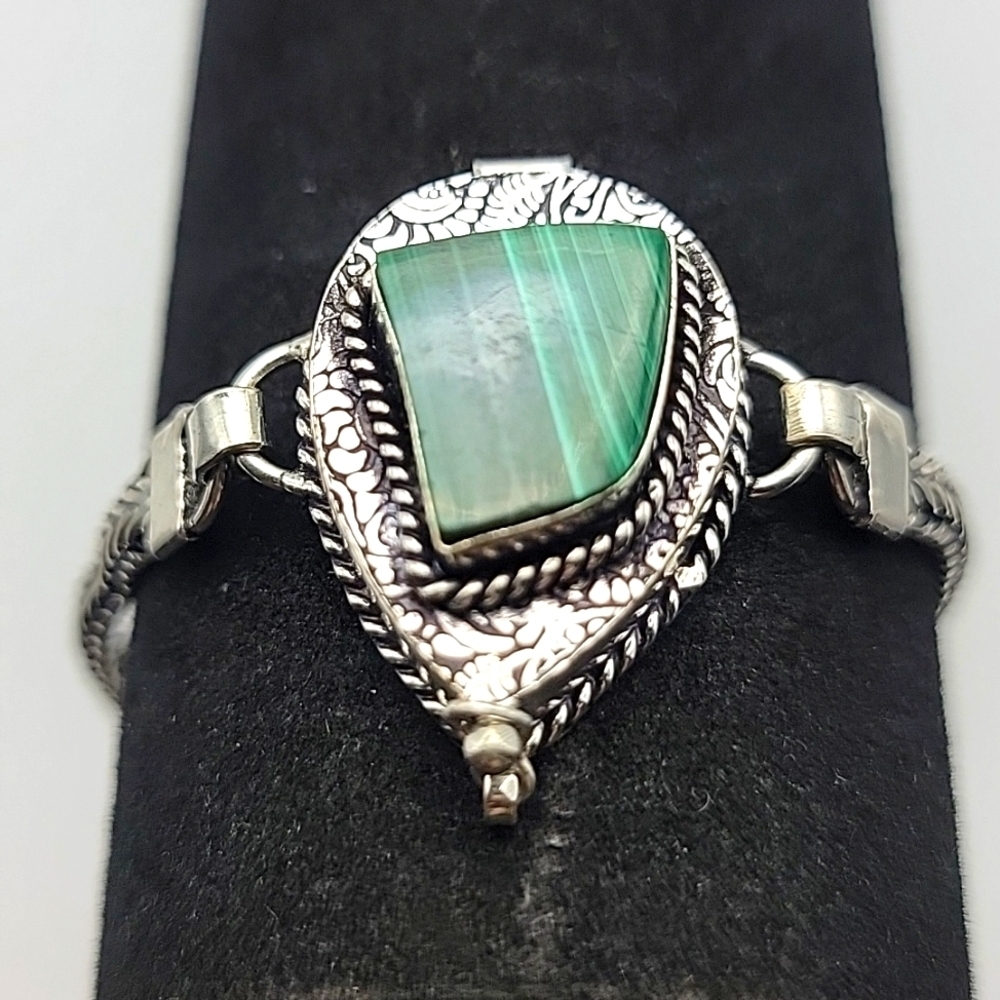 Malachite 925 Silver Plated Poison / Pill Box Bracelet 8.5" Natural Gemstone - Picture 6 of 8
